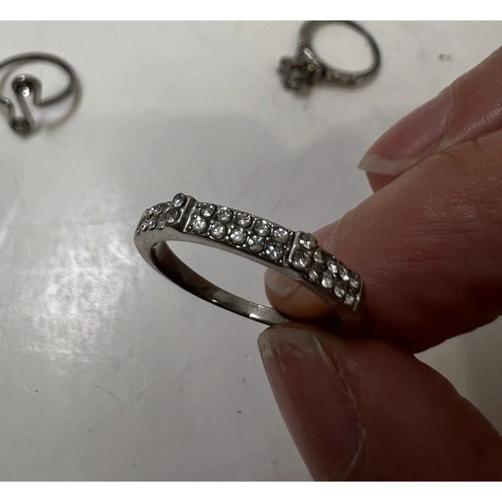 Vintage Style Silver Faux Crystal Ring Set Of 4 Halo Eternity Minimalist Bands